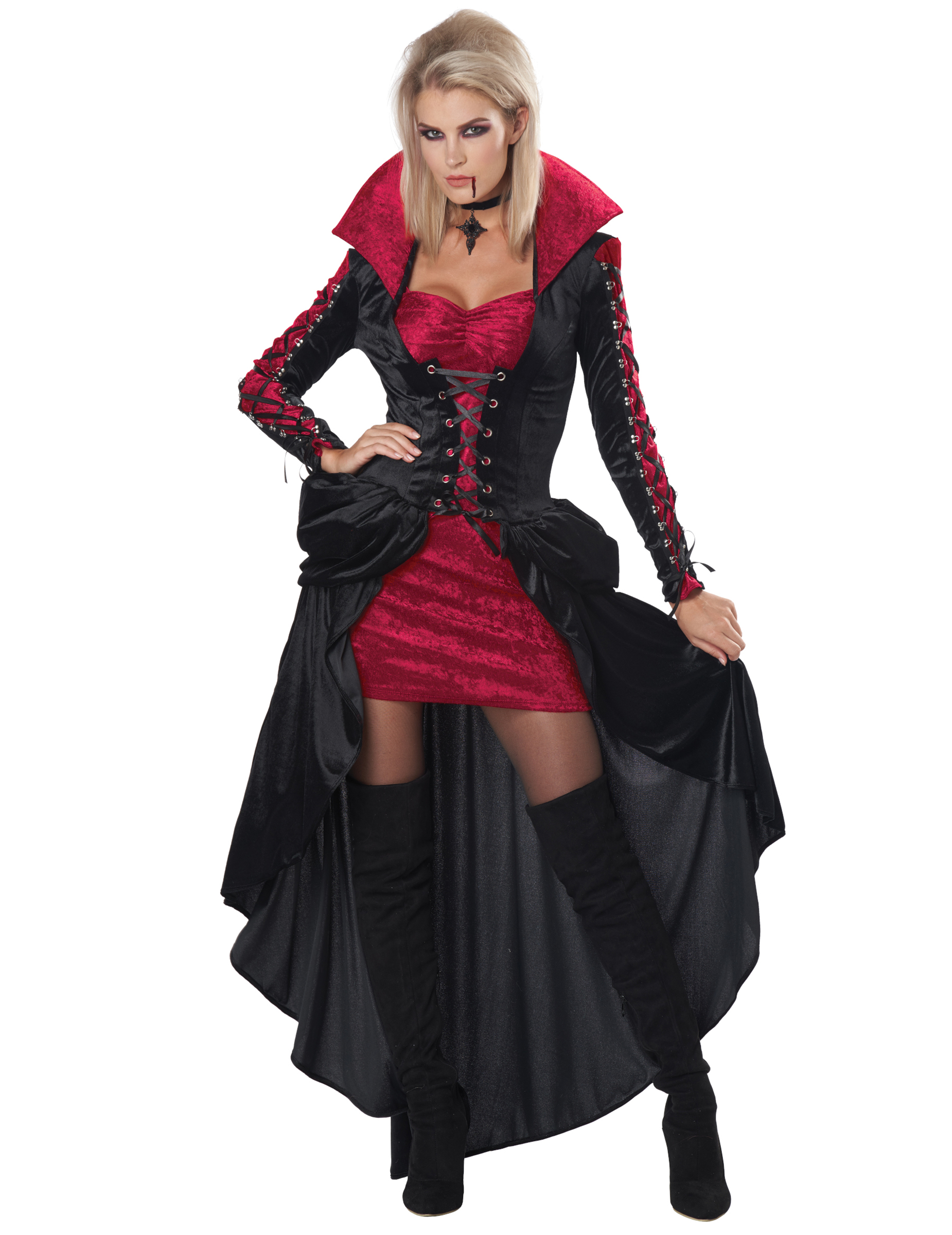 Verführerisches Vampir-Kostüm für Damen Halloweenkostüm schwarz-rot von KARNEVAL-MEGASTORE