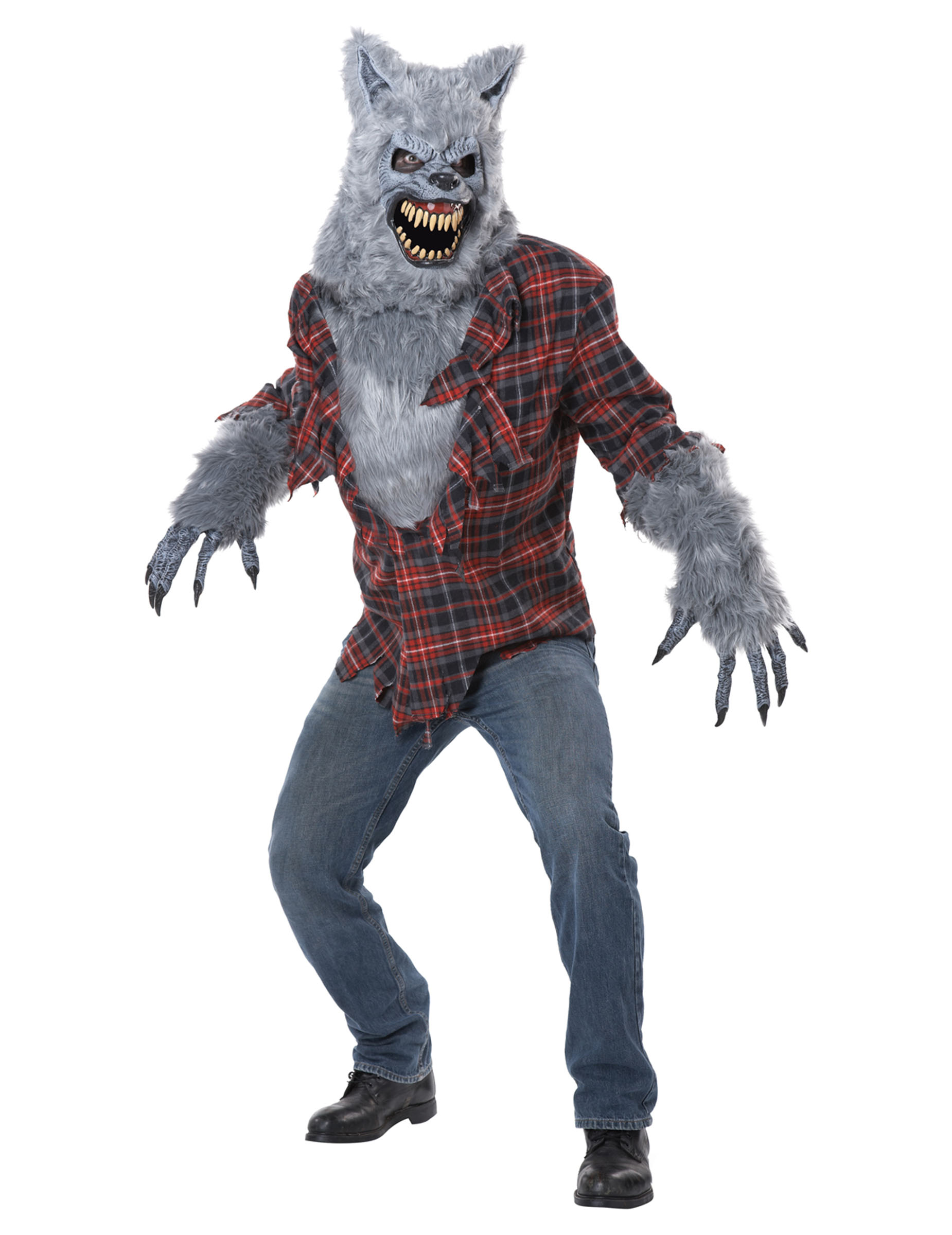 Werwolf Halloween-Kostüm mit Ani-Motion Maske grau-rot von KARNEVAL-MEGASTORE