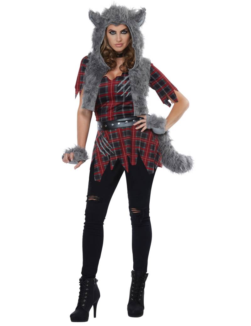 Werwolf-Kostüm für Damen Halloween-Kostüm rot-grau von KARNEVAL-MEGASTORE