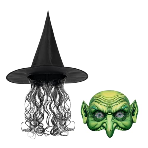 CALLARON 1 Satz Hexen Kostüm Set mit Hut Perücke und Maske für Halloween Kreatives Cosplay Accessoire für Karneval und Mottopartys für Damen von CALLARON
