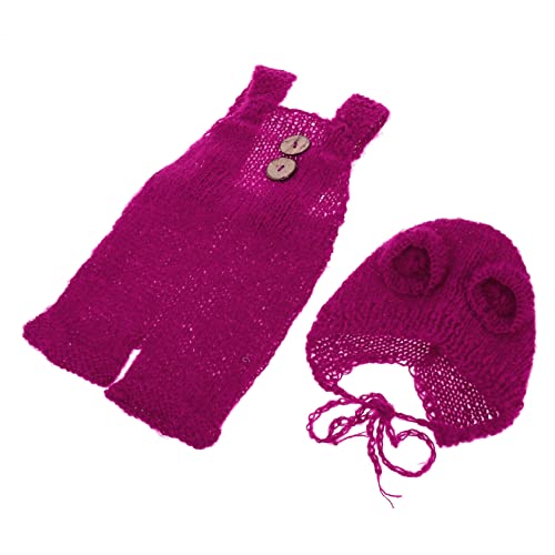CALLARON 1 Satz Neugeborenen Kostümset mit Bärenmütze und Elastischen Hosenträgern Fotokostüm für Süßes Outfit für Unvergessliche Erinnerungsfotos Magenta von CALLARON