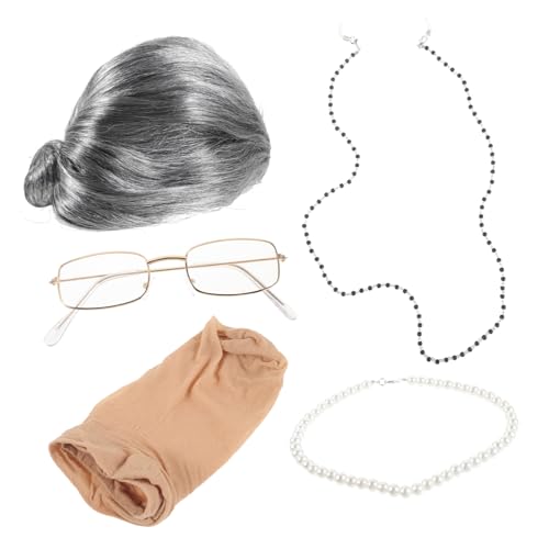 CALLARON 1 Satz Old Lady Cosplay Set Großmutter Kostüm Zubehör für Karneval mit Perücke Brille Brillenketten Halskette und für Halloween und Mottopartys von CALLARON