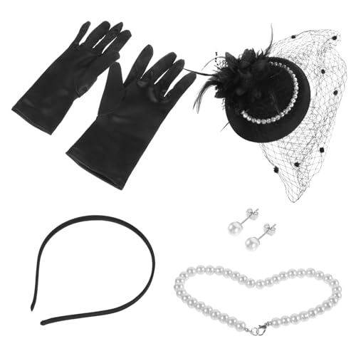 CALLARON 1 Satz Pearl Top Hat Set Kostümzubehör Aus Den 1920er Jahren Tee Handschuhe Erröten 1920-accessoires Für Damen Hüte Braut Marine Vintage Pillbox-hut Schwarz Imitationsperlen von CALLARON