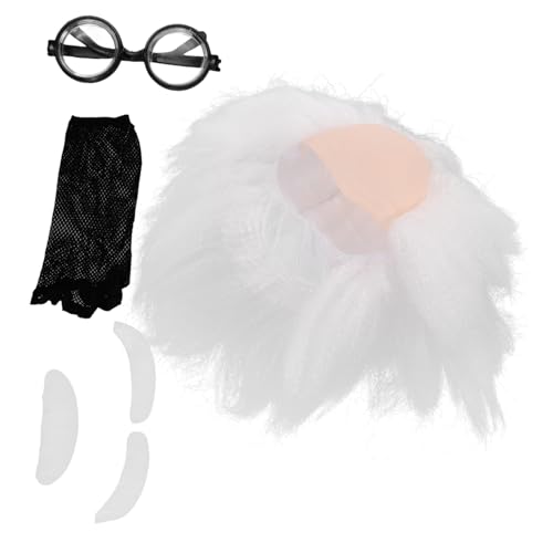 CALLARON 1Satz Verrückte Wissenschaftler Perücke mit Brille Augenbrauen für Cosplay Halloween Mottopartys Hochwertige Weiße Perücke für Erwachsene Realistisch Gestaltet von CALLARON