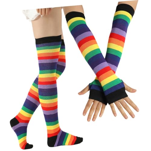 CALLARON 2 Stück Bunte Overknee Strümpfe und Handschuhe Set mit Regenbogenstreifen Weiche Warme Elastische Damen Socken und Fingerlose Handschuhe für Party Karneval Tanz und Kostüm CALLARON 2 Stück Bunte Overknee Strümpfe und Handschuhe Set mit Regenbogenstreifen Weiche Warme Elastische Damen Socken und Fingerlose Handschuhe für Party Karneval Tanz und Kostüm von CALLARON