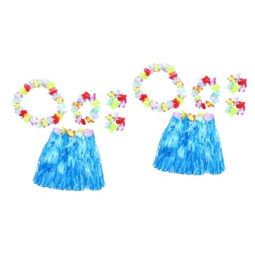 CALLARON 2 Stück Hawaiianisches Luau Kostüm Set Blauer Grasrock mit Blumengirlande Stirnband und Armbändern Sicherer Tanzschmuck für Tropische Strandparty und Inselmotto Feier von CALLARON
