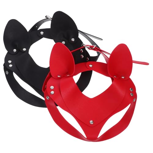 CALLARON 2 Stück Punk Pu-Katzenohren Masken Verstellbare Animal Cosplay Halbgesichtsmasken für Damen Langlebig Leicht Geeignet für Halloween Party Cosplay Schwarz und Rot von CALLARON