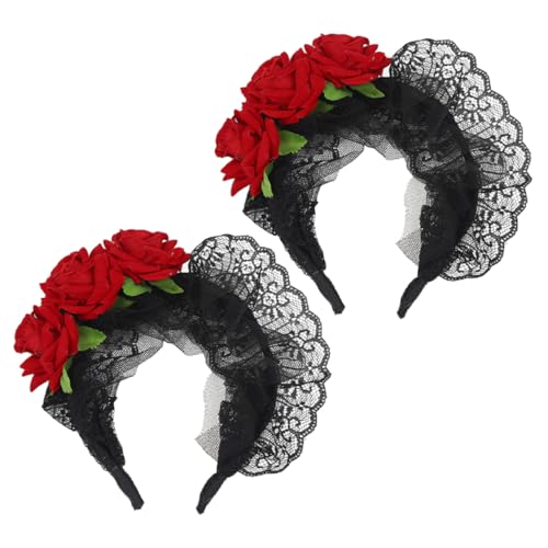 CALLARON 2 Stück Rotes Rosen-stirnband Spitzenhaarband mit Künstlichen Rosenblüten für Halloween Themenpartys Leichtes Bequemes Haarschmuck-accessoire für Mädchen und Fotografen von CALLARON