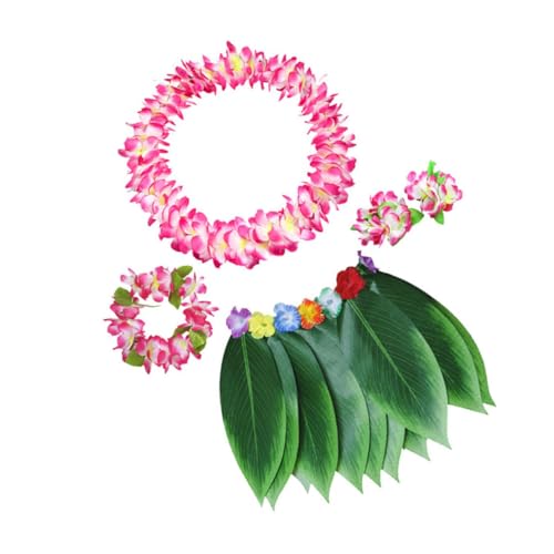 CALLARON 5 Stück Hawaii Kostüm Set Rosa Luau Party Blumengirlande Set mit Realistischen Blättern Hula Rock Armband Halsring Stirnband Tropische Sommer Strandfeier Zubehör von CALLARON