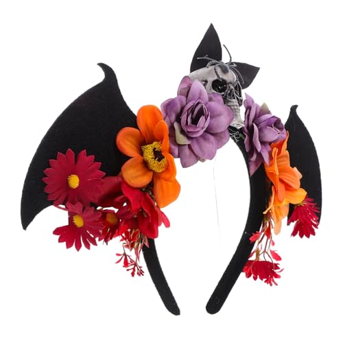 CALLARON Halloween Day Of The Dead Haarreif mit Mexikanischem Blumenkranz Verstellbar mit Totenkopf und Schwarzen Fledermausflügeln Auffälliges Kostümzubehör für Maskenball und Karneval von CALLARON