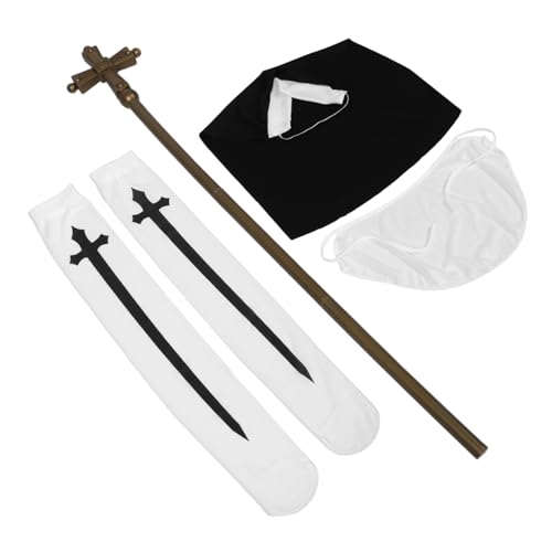 CALLARON Halloween Kostüm Set für Damen Nonnen Cosplay mit Hut Kragen Langen Weißen Strümpfen und Kreuz-zauberstab Halloween Party Dekoration und Verkleidung für Frauen von CALLARON