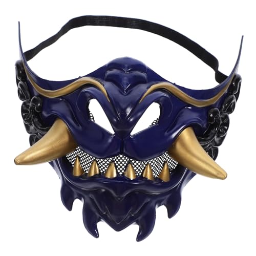 CALLARON Japanische Samurai Dämonenmaske Halbgesichtsmaske Verstellbar Unisex Cosplay Horror Maske Für Halloween Party Kostüm Zubehör In Blau CALLARON Japanische Samurai Dämonenmaske Halbgesichtsmaske Verstellbar Unisex Cosplay Horror Maske Für Halloween Party Kostüm Zubehör In Blau von CALLARON