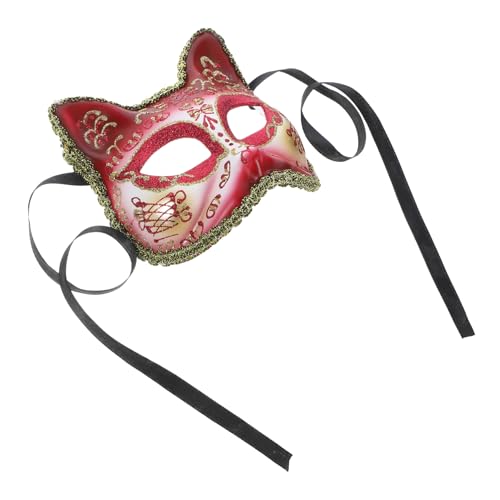 CALLARON Katze Maske für Halbgesicht Halloween Kostüm aus Leichtem Material für Partys Karneval Maskeraden und Kostüm Cosplay Weinrot von CALLARON