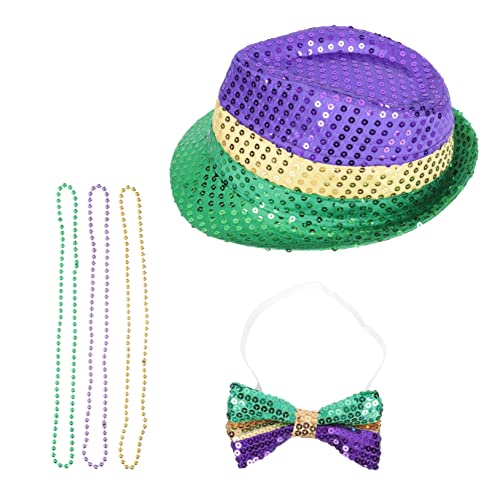CALLARON Mardi Gras Partyset mit Paillettenhut Schleife und Halskette Leichtes Langlebiges Kostümzubehör für Festival Karneval und Festliche Verkleidung Unisex Dreiteilig von CALLARON