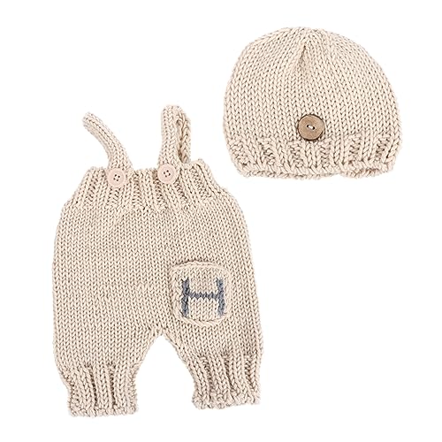 CALLARON Neugeborenen Kostümset mit Gestrickter Mütze und Latzhose Handgefertigte Fotografie Requisiten für Beige für Kreative Babyfotos CALLARON Neugeborenen Kostümset mit Gestrickter Mütze und Latzhose Handgefertigte Fotografie Requisiten für Beige für Kreative Babyfotos von CALLARON