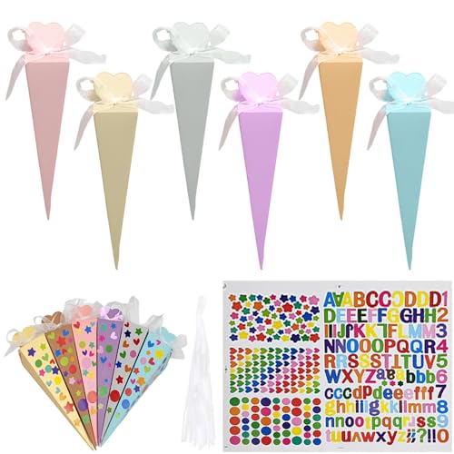 30 Stück Schultüte Mädchen, Schultüte Selber Basteln mit Aufklebern und Schleifenband, DIY Regenbogen Aufkleber Sticky Tip Cone Boxen, Herzförmige Spitze Kegelbox, Geschenkbox für Die Schulsaison (N) von CALLYSONIC