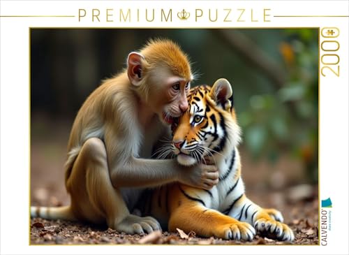 CALVENDO Puzzle Äffchen mit jungem Tiger | 2000 Teile Lege-Größe 90 x 67 cm Foto-Puzzle für glückliche Stunden von CALVENDO