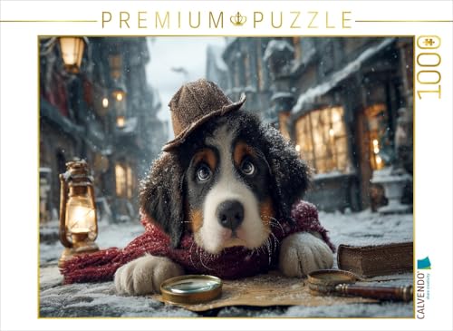 CALVENDO Puzzle Berner Sennenhund als Detektiv im verschneiten Altstadtviertel | 1000 Teile Lege-Größe 64 x 48 cm Foto-Puzzle für glückliche Stunden von CALVENDO