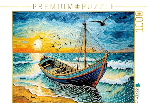 CALVENDO Puzzle Boot auf Wellen im goldenen Sonnenuntergang | 1000 Teile Lege-Größe 64 x 48 cm Foto-Puzzle für glückliche Stunden von CALVENDO