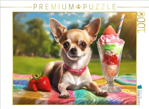 CALVENDO Puzzle Chihuahua liegt auf Einer bunten Decke im Park, vor Sich einen großen leckeren Eisbecher | 1000 Teile Lege-Größe 64 x 48 cm Foto-Puzzle für glückliche Stunden von CALVENDO