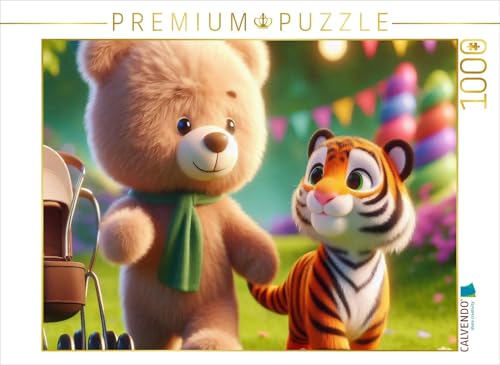 CALVENDO Puzzle EIN kuscheliger Bär und EIN gestreifter Tiger schlendern Seite an Seite durch den sonnigen Park | 1000 Teile Lege-Größe 64 x 48 cm Foto-Puzzle für glückliche Stunden von CALVENDO