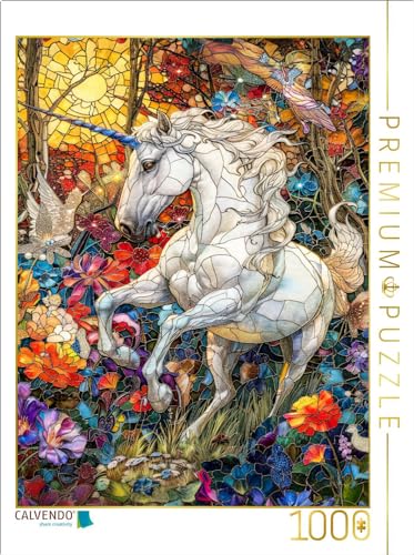 CALVENDO Puzzle EIN majestätisches Einhorn prangt auf Einer farbenfrohen Blumenwiese | 1000 Teile Lege-Größe 64 x 48 cm Foto-Puzzle für glückliche Stunden von CALVENDO
