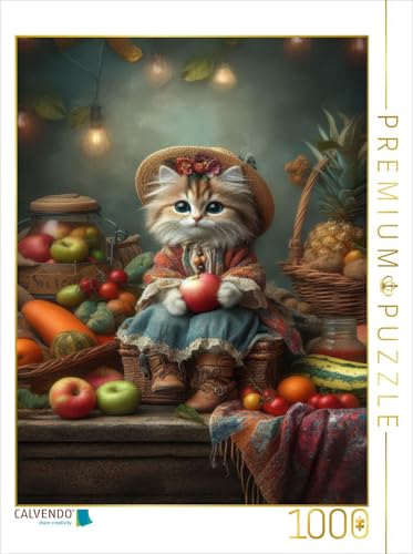 CALVENDO Puzzle Frisches Obst und Gemüse nach Landfrauenart bietet Diese kleine Katze an | 1000 Teile Lege-Größe 48 x 64 cm Foto-Puzzle für glückliche Stunden von CALVENDO