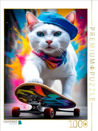 CALVENDO Puzzle Katze beim Outdoorsport - Skateboard Fahren | 1000 Teile Lege-Größe 64 x 48 cm Foto-Puzzle für glückliche Stunden von CALVENDO