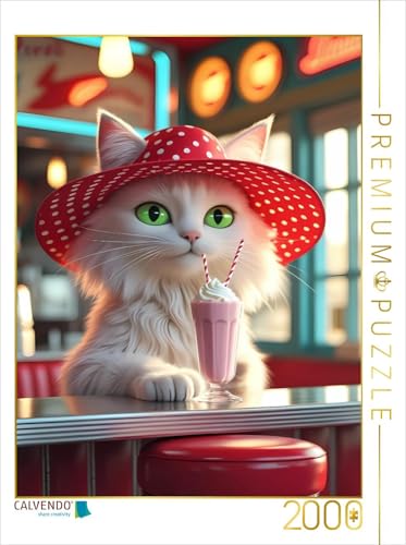 CALVENDO Puzzle Katzen-Diva im Diner mit Milchshake – lustiges Retro-Motiv für Katzenfreunde | 2000 Teile Lege-Größe 67 x 90 cm Foto-Puzzle für glückliche Stunden von CALVENDO