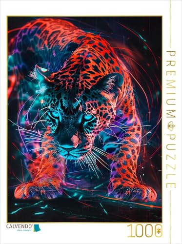 CALVENDO Puzzle Leuchtender Leopard in Rot und Türkis | 1000 Teile Lege-Größe 64 x 48 cm Foto-Puzzle für glückliche Stunden von CALVENDO