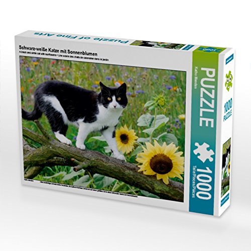 CALVENDO Puzzle Schwarz-weiße Katze mit Sonnenblumen 1000 Teile Lege-Größe 64 x 48 cm Foto-Puzzle Bild von Katho Menden von CALVENDO
