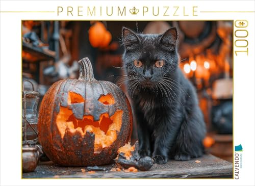 CALVENDO Puzzle Schwarze süße Katze und Halloween-Kürbis im Kerzenschein | 1000 Teile Lege-Größe 64 x 48 cm Foto-Puzzle für glückliche Stunden von CALVENDO