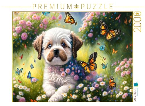CALVENDO Puzzle Süßer Kleiner Hund mit Schmetterlingen | 2000 Teile Lege-Größe 90 x 67 cm Foto-Puzzle für glückliche Stunden von CALVENDO