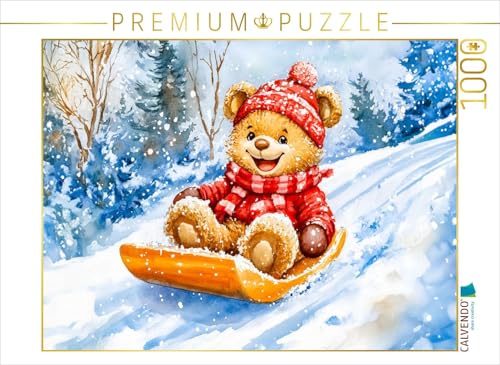 CALVENDO Puzzle Teddy rodelt mit Schlitten im Winter | 1000 Teile Lege-Größe 64 x 48 cm Foto-Puzzle für glückliche Stunden von CALVENDO