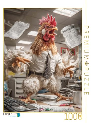 CALVENDO Puzzle Tierpuzzle mit Gockel im Büro - der wütende Hahn Kolle dreht durch wenn die Ablage mal Wieder explodiert | 1000 Teile Lege-Größe 48 x 64 cm Foto-Puzzle für glückliche Stunden von CALVENDO