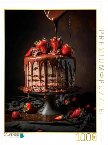CALVENDO Puzzle Torte mit weißer Schokolade und Erdbeeren, mit Vollmilchschokolade überzogen | 1000 Teile Lege-Größe 48 x 64 cm Foto-Puzzle für glückliche Stunden von CALVENDO