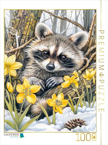 CALVENDO Puzzle Waschbär zwischen den Bäumen im Frühling. | Lege-Größe cm Foto-Puzzle für glückliche Stunden von CALVENDO