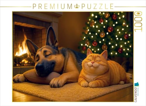 CALVENDO Puzzle Weihnachtsentspannung - Schäferhund und Katze am Kamin | 1000 Teile Lege-Größe 64 x 48 cm Foto-Puzzle für glückliche Stunden von CALVENDO