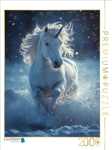 CALVENDO Puzzle Winterspuren: EIN weißes Einhorn im blauen Schneetanz | 2000 Teile Lege-Größe 67 x 90 cm Foto-Puzzle für glückliche Stunden von CALVENDO