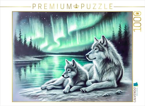 CALVENDO Puzzle Zwei Wölfe am Seeufer Kohlezeichnungen mit Nordlichtern in sanften Pastelltönen | 1000 Teile Lege-Größe 64 x 48 cm Foto-Puzzle für glückliche Stunden von CALVENDO
