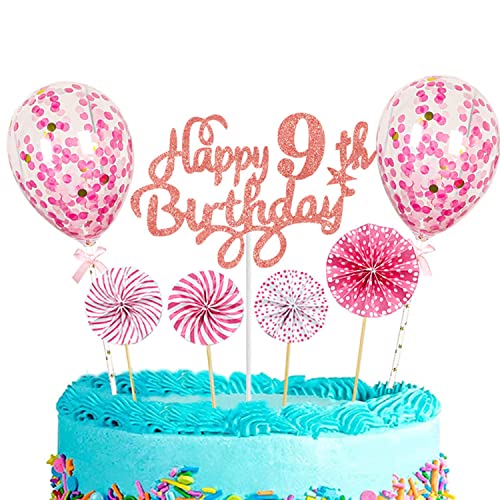 CAM2 Happy Birthday Tortendeko Geburtstag Mädchen, Tortendeko 9. Kuchen Topper Happy 9th Birthday Rosa Gold, Glitzer Kuchen Dekoration Glitter Kuchen dekorieren und Luftballons von CAM2