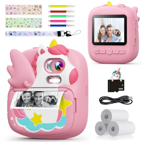 CAMCLID Kinderkamera Sofortbildkamera, 2,4 Zoll Sofortbildkamera Kinder mit 32G TF Karte und Fotopapier Drucken, 1080P HD Digitalkamera Kinder, Geschenke für Jungen und Mädchen 3-12 Jahre (Rosa) von CAMCLID