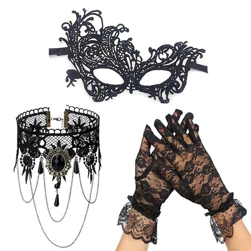 CAMDOM 3-teiliges Holloween-Kostüm-Set für Damen, Spitze, Maskerade, Halskette und Handschuh, Kostüm-Zubehör für Ball-Partys von CAMDOM
