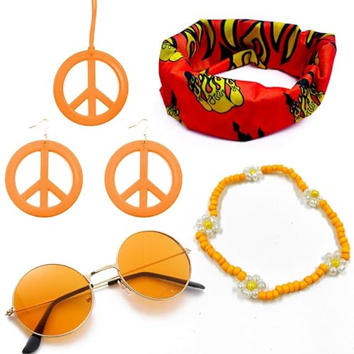 CAMDOM 5 Stück Hippie-Kostüm-Sets 60er 70er Jahre Kostüm Disco Zubehör für Frauen enthalten Sonnenbrille Stirnband Halskette Ohrringe Armband Retro Outfit Dressing Zubehör von CAMDOM