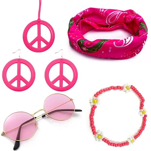 CAMDOM 5 Stück Hippie-Kostüm-Sets 60er 70er Jahre Kostüm Disco Zubehör für Frauen enthalten Sonnenbrille Stirnband Halskette Ohrringe Armband Retro Outfit Dressing Zubehör von CAMDOM