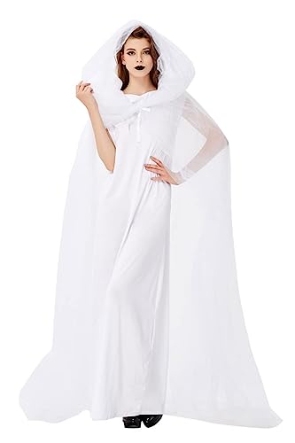 CAMDOM Damen Halloween Vampir Geisterbraut Kostüm Weißes Kleid und lange Kapuze Tüllmantel Umhang Cosplay Kostüme CAMDOM Damen Halloween Vampir Geisterbraut Kostüm Weißes Kleid und lange Kapuze Tüllmantel Umhang Cosplay Kostüme von CAMDOM