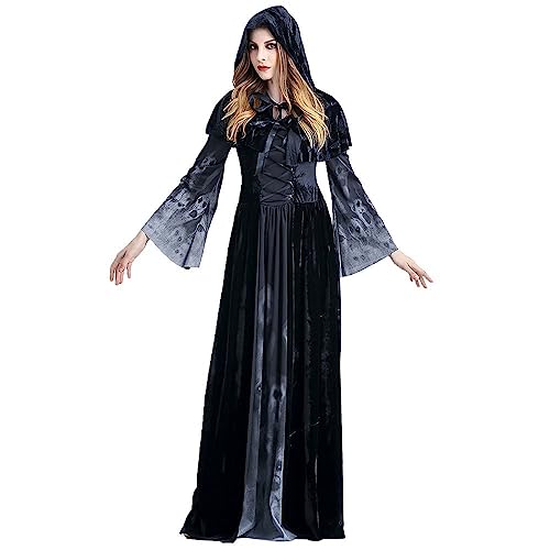 CAMDOM Damen Hexe und Vampir Kostüm Halloween Cosplay Erwachsene Zombie Langes Cape Kleid für Dressup Party von CAMDOM