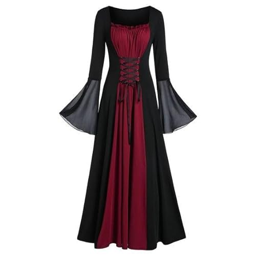 CAMDOM Damen Retro Gothic Kleid Vintage Träger Maxikleid Pagodenärmel Fasching Halloween Kostüm von CAMDOM