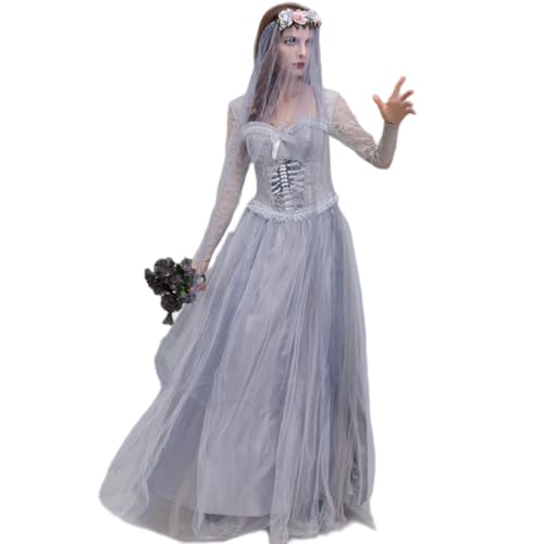 CAMDOM Frauen Geisterbraut Kostüm Vampir Zombie Langes Kleid Halloween Karneval Horror Cosplay Kostüm. von CAMDOM