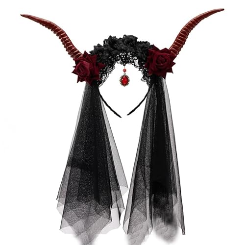 CAMDOM Halloween Kopfschmuck mit Antilope Horn Hoops, Rose Gem Anhänger und Mesh Stirnband, Drachen und Teufel Maske Zubehör von CAMDOM